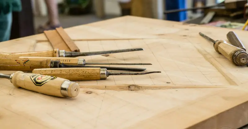 Ciseaux à bois posés sur un plan de travail en bois clair